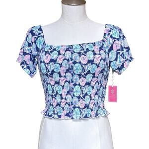 NWT Simply Southern Size M Shirred Smocked Blouse Top Square Neck Coastal Shells